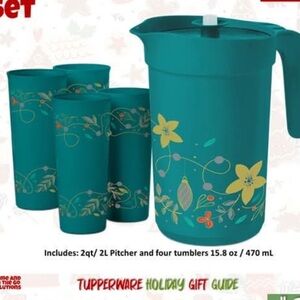 Tupperware Teal and Yellow Floral Pitcher Set
